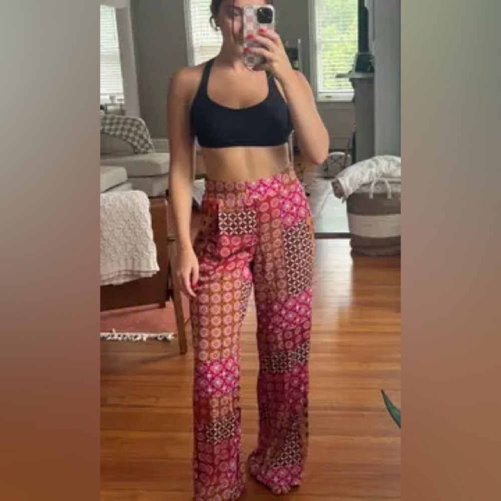 DREW Pink Yellow Red Aztec Satin Silk Wide Leg Beach Boho Summer Pants